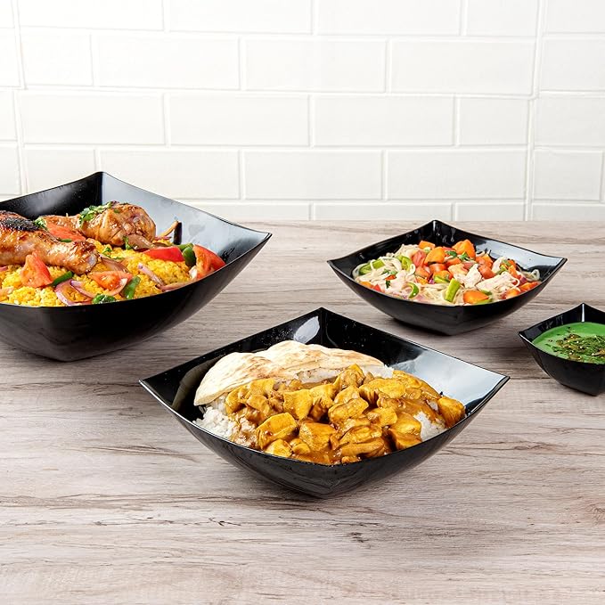 Restaurantware Moderna 64 Ounce Fancy Plastic Bowls 10 Square Disposable Salad Bowls - Durable Heavy-duty Black Plastic Bowls For Warm And Cold Foods