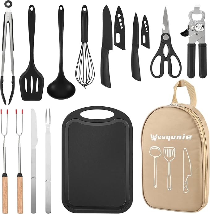 Camping Essentials Cookware Cooking Utensils Set - Portable Camp Kitchen Mess Kit Outdoor Accessories, Stainless Steel & Silicone, Camping Gear Equipment for RV Picnic Grill, Khaki