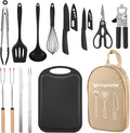 Camping Essentials Cookware Cooking Utensils Set - Portable Camp Kitchen Mess Kit Outdoor Accessories, Stainless Steel & Silicone, Camping Gear Equipment for RV Picnic Grill, Khaki