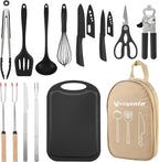 Camping Essentials Cookware Cooking Utensils Set - Portable Camp Kitchen Mess Kit Outdoor Accessories, Stainless Steel & Silicone, Camping Gear Equipment for RV Picnic Grill, Khaki