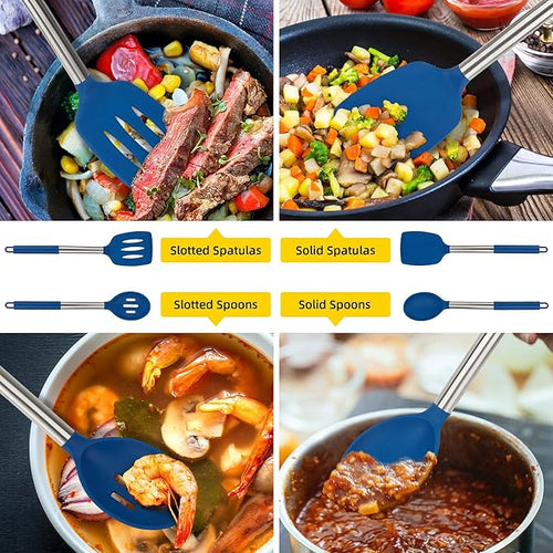4 Pack Silicone Utensils Set，Non Stick Solid Spatulas, Slotted Spoons with Stainless Steel Handle，Spatulas for Cooking，Frying, Mixing, Serving -Blue