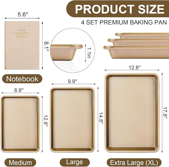 4Pcs Bakeware Set | 3 Baking Sheets and 1 Recipe Notebook Combo | Nonstick Cookie Sheets for Baking Supplies | No Rust & No Toxic Heavy Duty 3 Baking Trays 18''+15''+13'' & 1 Blank Recipe Book