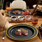 bUCLA 600PCS Black and Gold Disposable Dinnerware Set - Black Plastic Plates Disposable for Party Include 100 Dinner&100 Dessert Plates,100 Knives,100 Forks,100 Spoons,100 Cups for Party & Graduation