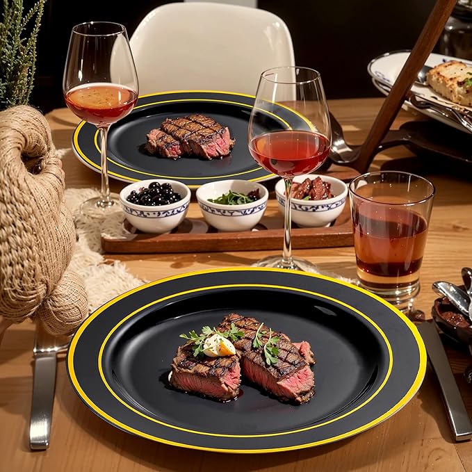 bUCLA 600PCS Black and Gold Disposable Dinnerware Set - Black Plastic Plates Disposable for Party Include 100 Dinner&100 Dessert Plates,100 Knives,100 Forks,100 Spoons,100 Cups for Party & Graduation