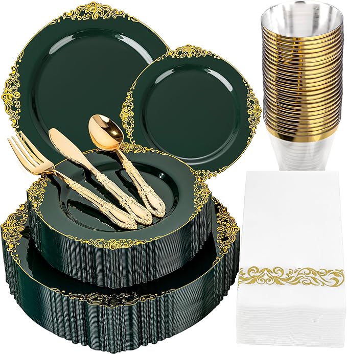Morejoy 175PCS Green Plastic Plates - Green Gold Plastic Dinnerware Set Include 25Dinner Plates, 25Dessert Plates 75Cutlery, 25Cups, 25Napkin Perfect for Party & Wedding