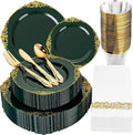 Morejoy 175PCS Green Plastic Plates - Green Gold Plastic Dinnerware Set Include 25Dinner Plates, 25Dessert Plates 75Cutlery, 25Cups, 25Napkin Perfect for Party & Wedding
