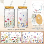 Mumufy 2 Pack Bridesmaid Gift Glass Cups, Cute Flower Mason Jars with Bamboo Lids & Straws, 16oz Iced Coffee Tumblers for Wedding, Bridal Party, Birthday, Mother's Day(Wild Flower2)