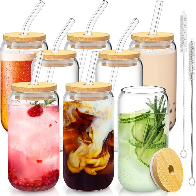 SENTVEND 16 Oz Drinking Glasses with Bamboo Lids and Glass Straw - 8 Pcs Glass Cups Beer Ice Coffee Glasses Cute Aesthetic Cup Great for Coffee Bar Accessories Include 2 Cleaning Brushes