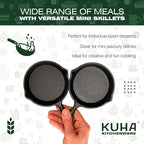 KUHA Small Cast Iron Skillet Set | Pre-Seasoned Mini Cast Iron Skillets for Cookies, Eggs & Desserts | For Baking & Serving | 6 Silicone Trivets & Scraper Included | 4", Set of 6