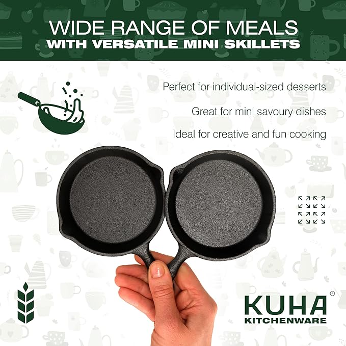 KUHA Small Cast Iron Skillet Set | Pre-Seasoned Mini Cast Iron Skillets for Cookies, Eggs & Desserts | For Baking & Serving | 6 Silicone Trivets & Scraper Included | 4", Set of 6