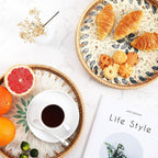 Terrekraft 14" Large Rattan Serving Tray with Mother of Pearl, Round Coffee Table Tray Decor, Boho Decorative Hand-Woven Wicker Home Decor (Lucky Flower)