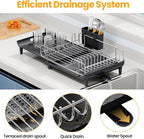 TOOLF Expandable Dish Rack, Dish Drying Rack for Kitchen Counter, Foldable Dish Dryer Rack, Stainless Steel Dish Drainer Racks with Cutlery Holder, Collapsible Dish Drying Racks Large Size,Black