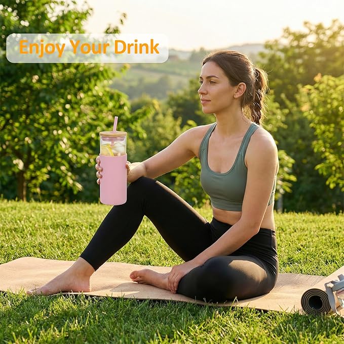 Tronco 20 oz Glass Tumbler with Lid and Straw, Iced Coffee Cup and Smoothie Cup with Bamboo Lids & Protective Silicone Sleeve, Dishwasher Safe, BPA-Free, Pink 1 Pack
