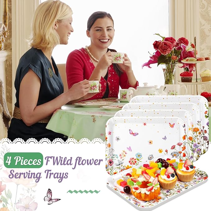 4 Pieces Wildflower Serving Trays Flower Melamine Platters Reusable Rectangle Party Trays for Spring Summer Floral Theme Party Food Dessert Serving Supplies, 13 x 9.7 inch