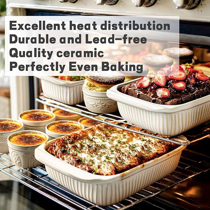 Artena Casserole Dishes For Oven, Ceramic Baking Dish, Large Lasagna Pan With Handles, Baking Pan Casserole Dish, Rectangular Bakeware Deep, White, Set Of 3 (5.1Qt/2.3Qt/1.1Qt) (Baking Dish With Rack)