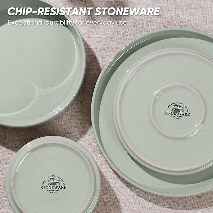 E-far 8-Piece Plates and Bowls Sets - Stoneware Dinnerware Sets with Pasta Bowls for 2 | Microwave & Dishwasher Safe Kitchen Modern Dish Set, Speckled Green
