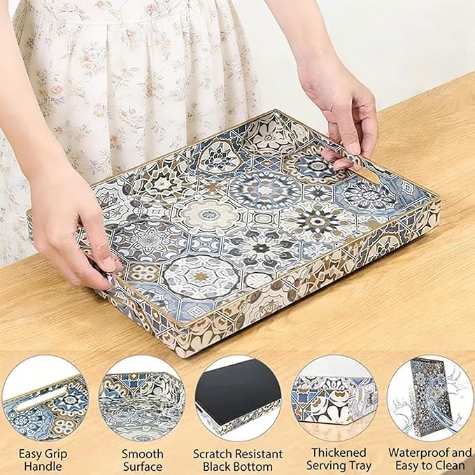 Large Serving Tray with Handles,Rectangle Plastic Serving Tray,Bohemian Blue Ottoman Trays Coffee Table Trays for Living Room,Decorative Tray for Coffee Table 16" x 12"