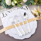NOCCUR 175pcs Silver Plastic Plates - Silver Rim Plastic Tableware Include 25 Dinner/Dessert Plates, 25 Forks, 25 Knives, 25 Spoons for Wedding/Party