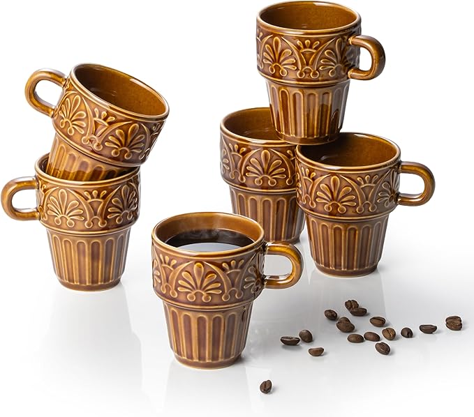Espresso Cups Set of 6, Cappuccino Cups, Stackable Mug 6 OZ Ceramic Coffee Mug, Microwave & Dishwasher Safe, Tea Cocoa for Family Daily Use & Gathering, Great Gift for Any Special Occasion, Brown