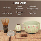 Matcha Whisk Set, 7-Piece Matcha Kit with Ceramic Bowl, Bamboo Whisk, Scoop, Sifter, Holder & Bamboo Mat – Premium Matcha Tea Set for Beginners & Matcha Lovers, Gift Ready