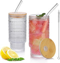 16oz Glass Cups with Lids and Straws, 2 Pack Vintage Drinking Glasses Tumblers Polka Dot Iced Coffee Cups for Kitchen, Home, Office, Gifts