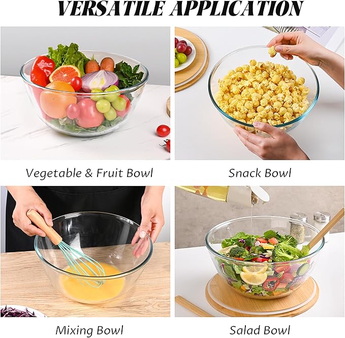 LOVYANXUE 10.6" Glass Salad Bowl with Sealed Lid, 4.7 Quart Large Capacity Serving Bowls and Mixing Bowls with Utensils, Versatile Glass Bowls for Salads, Trifle, Fruits, Pasta, Microwave Safe