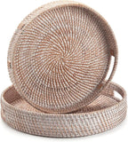 2 Pack Round Rattan Tray, Hand Woven Serving Tray with Handles, Wicker Serving Basket, Decorative Tray for Home Decor, Whitewash (11.8 + 14 inch)