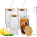 16oz Glass Cups with Lids and Straws, 4 Pack Vintage Drinking Glasses Tumblers Begonia Flower Iced Coffee Cups for Kitchen, Home, Office, Gifts