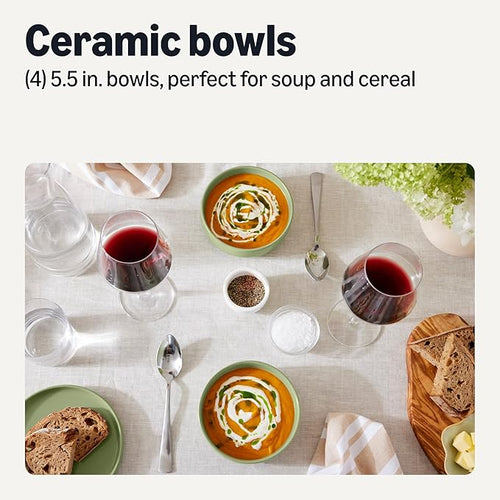 Amazon Basics Glazed Stoneware Bowls, 4-Piece Set, Microwave and Dishwasher-Safe, 20 oz. Capacity, 5.5 in., Olive