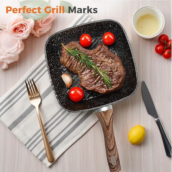Sweetcrispy Nonstick Grill Pans Set, 3 Piece Square Frying Pan Skillet Set with Stay Cool Handle & PFOA Free, Compatible with All Stovetops (9.5" 10" 11") Black