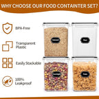 4 Pack Large Airtight Food Storage Containers with Lids (5.2L / 176oz), BPA Free Plastic Kitchen and Pantry Organization Contianers for Cereal Flour and Sugar Storage, Labels & Marker