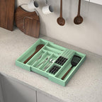 Bamboo Kitchen Drawer Organizer, Expandable Silverware Organizer with Removable Knife Block, 6-8 Slots- Utensil Holder & Cutlery Tray Drawer Dividers, 2.36" Deep for Extra Capacity, Cyan