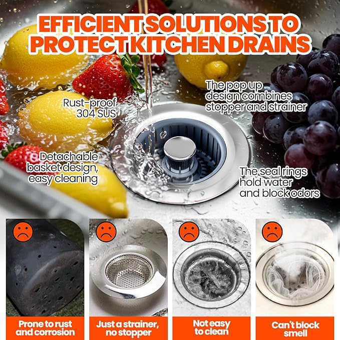 Sink Drain Strainer - Sink Stopper, 3 in 1 Kitchen Stainless Steel Drain Plug with Anti-Clog Basket, Pop-Up Cover Fits Standard 3-1/2” Openings for Double Bowl Kitchen Sinks