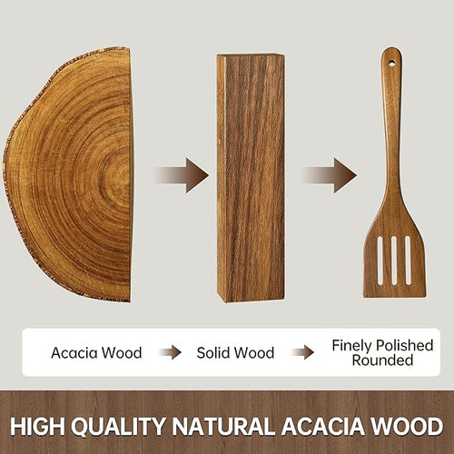 8 PCS Wooden Utensil Set with Holder, Spoon Rest, Durable Wooden Spoons for Cooking, Heat-Resistant, Comfort Grip,Easy to Clean, Non-stick Friendly, Ideal for Gifting