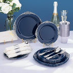 Bestluck 700PCS Navy Blue Plates for 100 Guests, Disposable Dinnerware Sets Include 100 Plastic Plates, 100 Silverwares, 100 Cups, and 100 Pre Rolled Napkins for Party, Wedding and Graduation