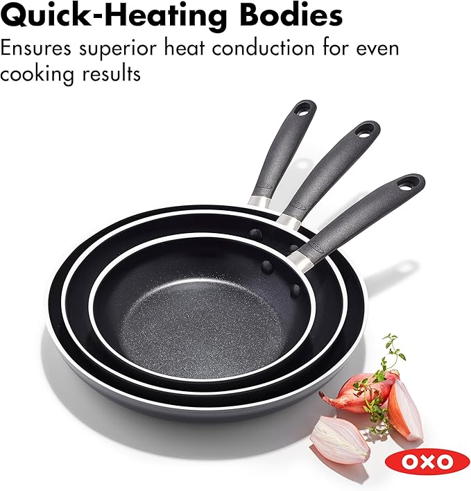 OXO Non-Stick Every Day Frying Pan Set, BPA-Free Comfort Grip Silicone Handles, Dishwasher & Oven Safe, PFAS-Free Ceramic Skillets, Black, 8”, 10” & 12”