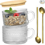 Vintage Coffee Mugs, Overnight Oats Containers with Bamboo Lids and Spoons - 14oz Clear Embossed Glass Cups, Cute Coffee Bar Accessories, Iced Coffee Glasses, Ideal for Cappuccino, Latte, 2 Pack