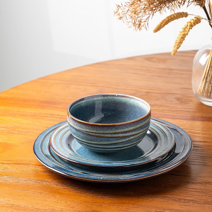 GBHOME Ceramic Dinnerware Sets,12 pcs Embossed Elegant Stoneware Plates and Bowls Sets, Housewarming Wedding Gift | Dishwasher & Microwave Safe | Dishes Set Service for 6