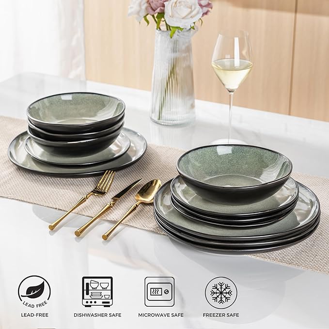 AmorArc Ceramic Dinnerware Sets,Handmade Reactive Glaze Stoneware Plates and Bowls Sets,Highly Scratch Resistant | Dishwasher & Microwave Safe Dishes Set,Service for 4 (12pc)