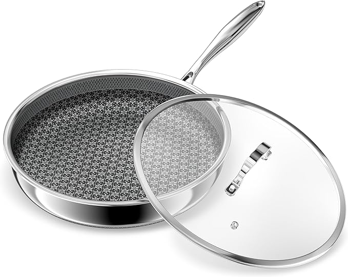 Hybrid Non Stick Frying Pans, 12-inch Stainless Steel Frying Pans with Tempered Glass Lid, 5 Ply Induction Cookware, Dishwasher-Friendly, Oven-Safe Up to 800°F, Compatible with All Cooktops