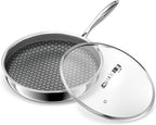 Hybrid Non Stick Frying Pans, 12-inch Stainless Steel Frying Pans with Tempered Glass Lid, 5 Ply Induction Cookware, Dishwasher-Friendly, Oven-Safe Up to 800°F, Compatible with All Cooktops