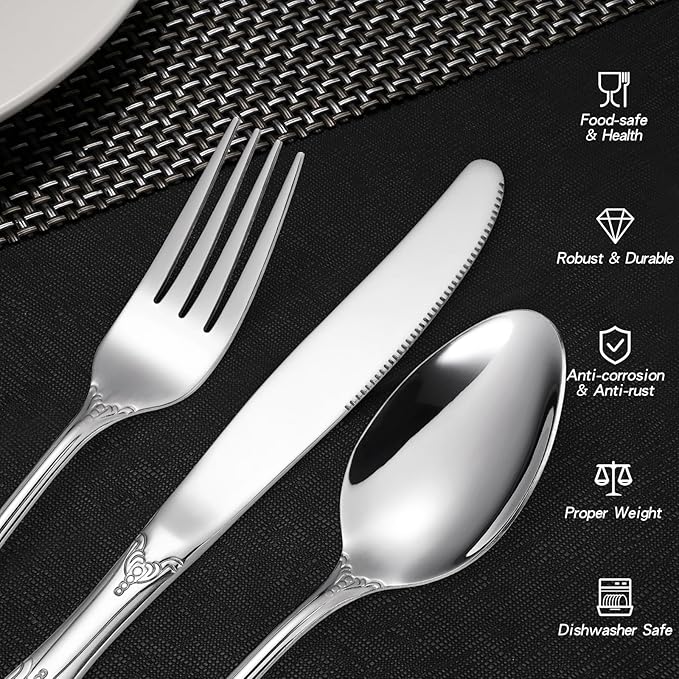 Gorgeous Retro Royal Silverware Set For 4,OIULO Stainless Steel 20-Piece Fine Vintage Flatware Set Service 4,Anti-rust Fork Spoon Knife,Antique Baroque Cutlery Utensils,Mirror Finish,Dishwasher Safe