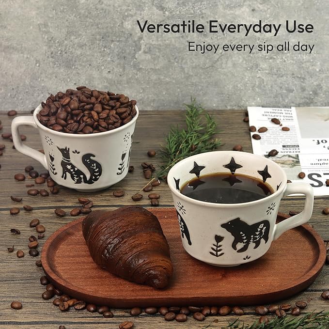 Ceramic Coffee Mug, 12 oz Small Novelty Unique Teacup with Handle, Stoneware Cup for Tea Mocha Latte Cappuccino (Set of 4, Fox and Bear)