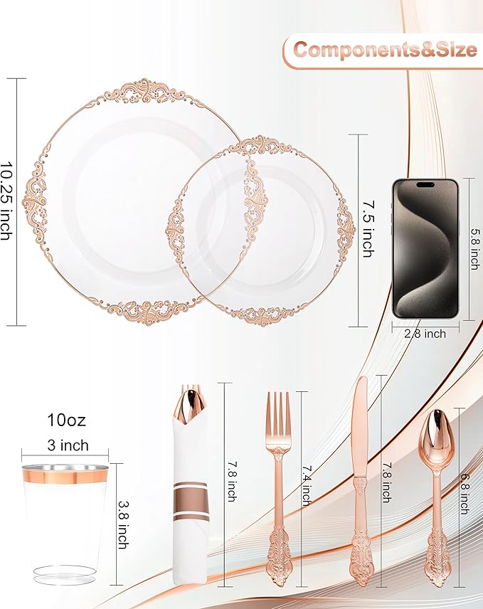 Nervure 350PCS Rose Gold Plastic Plates - Rose Gold Plastic Dinnerware Sets for 50 Guests - 100 Disposable Plates, 150 Silverware, 50 Cups, 50 Napkins Perfect for Wedding & Party & Easter