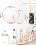 Nervure 350PCS Rose Gold Plastic Plates - Rose Gold Plastic Dinnerware Sets for 50 Guests - 100 Disposable Plates, 150 Silverware, 50 Cups, 50 Napkins Perfect for Wedding & Party & Easter