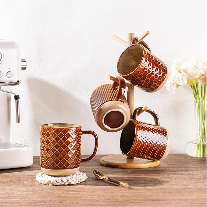 GBhome 12oz Coffee Mugs Set of 4, Handmade Stoneware Coffee Mugs Set with Large Handle for Cappuccino/Latte/Tea/Hot Cocoa, Dishwasher & Microwave Safe, Caramel