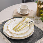 Lullaby 140PCS Elegant Disposable Dinnerware Set – 40 Ivory Scalloped Gold-Trim Plates (20 Dinner, 20 Dessert), 40 Forks, 20 Spoons, 20 Knives & 20 Napkins – Fancy Plastic Plates for 20 Guests