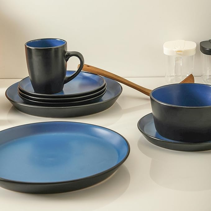 Stone Lain Albie Stoneware 16-Piece Modern Dinnerware Set, Kitchen Plates and Bowls Sets, Service for 4, Blue and Black, Microwave & Dishwasher Safe