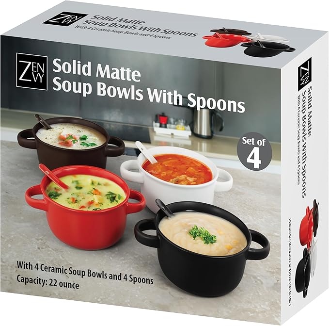 ZENVY Soup Bowl Set of 4 | Ceramic Soup Bowls and Spoons | 22 Ounce (Solid Matte)