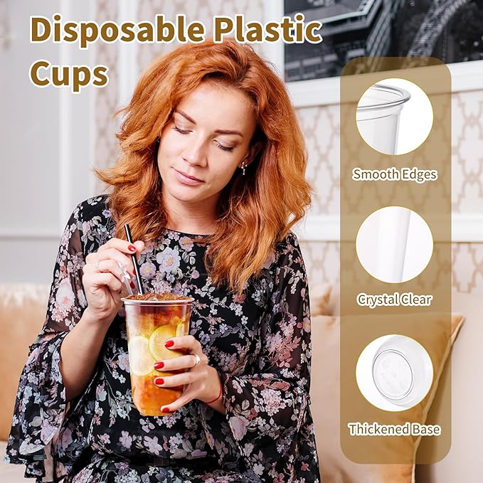 KesaPlan 100 Pcs 20 oz Clear Plastic Cups, Disposable Stemless Wine Glasses, Round Bottom Plastic Cocktails Cups, Crystal Disposable Cold Drinking Cup for Birthday Wedding Meeting Christmas Party